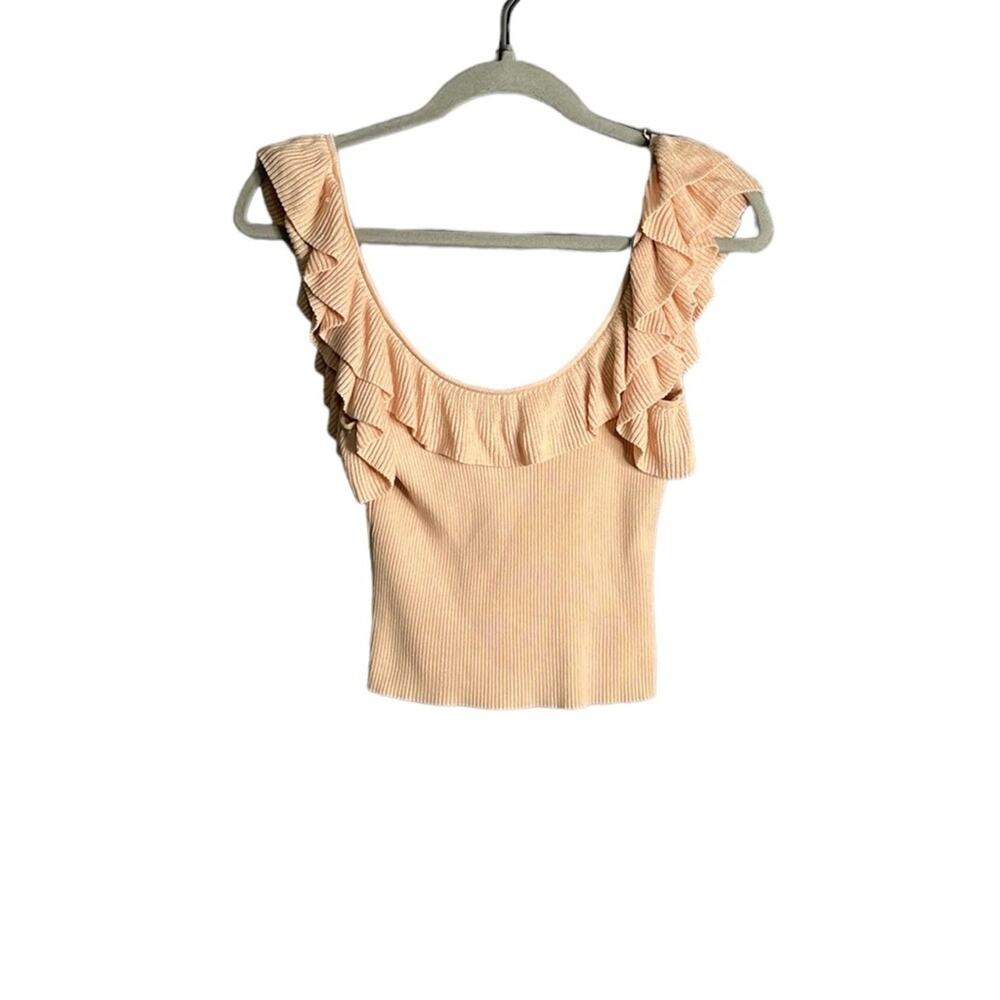 Lulu’s Pale Pink Ribbed Ruffled Cropped Top Size Medium
